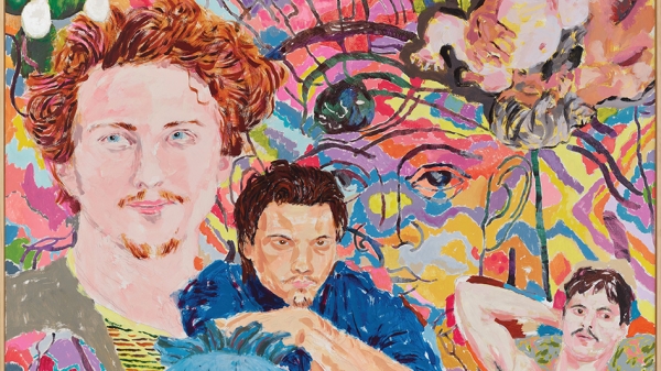 A painting of three people by Richard Hawkins. The
                                          background is abstract and colourful.