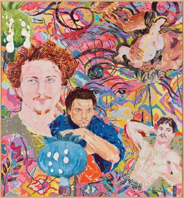 A painting of three people by Richard Hawkins. The background is abstract and colourful.