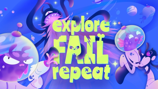 Animated figures, blue background. The text reads 