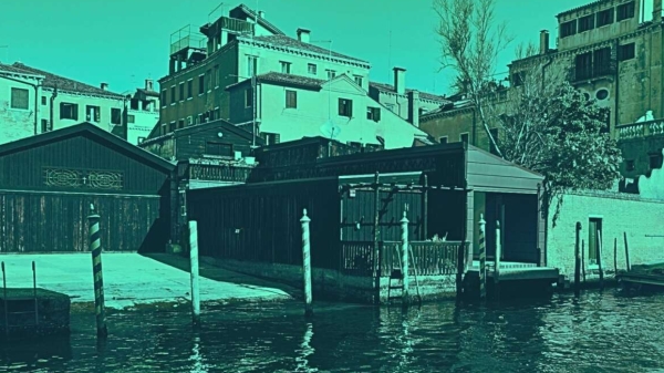 Poster for the Berlendis Venice Art Prize 2027 with a photo of the Spazio Berlendis Gallery in Venice with turquoise-blue
                                          filter and white text