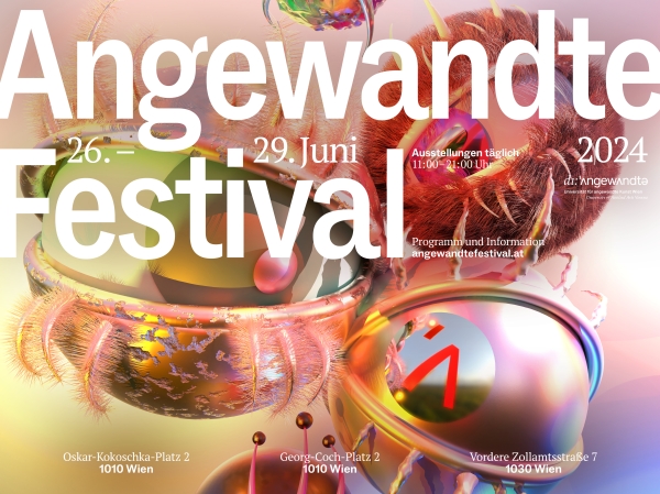 Das Bild zeigt bunte Objekte und abstrakte Augen mit stachelartigen Wimpern,
                                          die in unterschiedliche Richtungen schauen. Text: Angewandte Festival 2024, Universität für angewandte Kunst Wien, Oskar-Kokoschka-Platz
                                          2, 1010 Wien, 26.6. bis 29.6.2024.