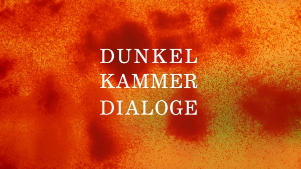 Ausstellungsplakat, Schriftzug Dunkelkammerdialoge auf orange-roten Hintergrund