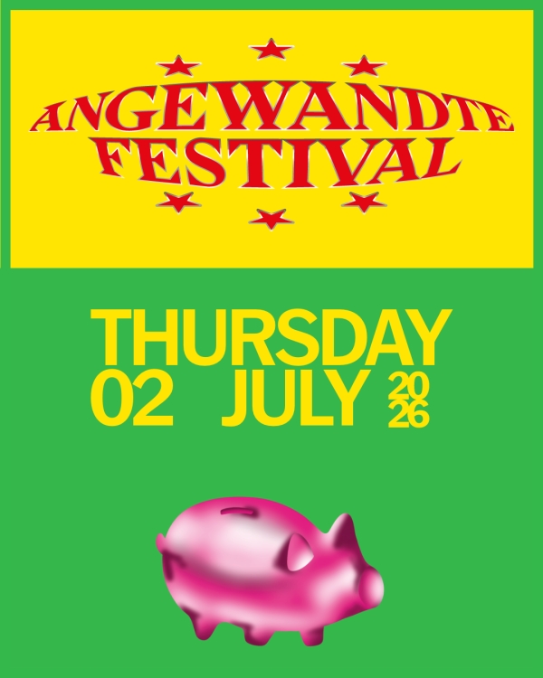Plakatsujet in gelb und
                                          grün, darauf ein Glücksschwein. Text: Angewandte Festival, Donnerstag, 2. Juli