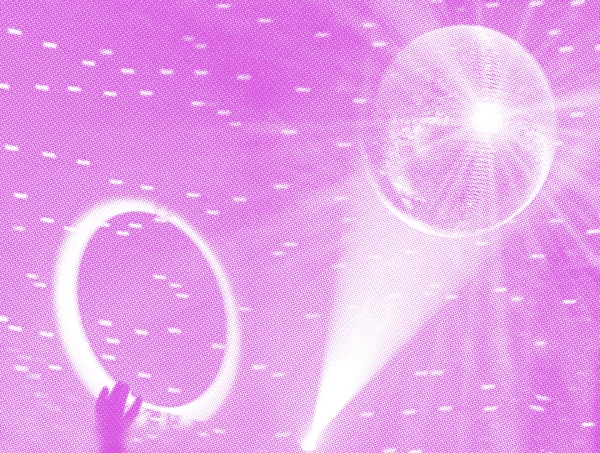 Eine Hand und eine Discokugel vor lila Hintergrund.