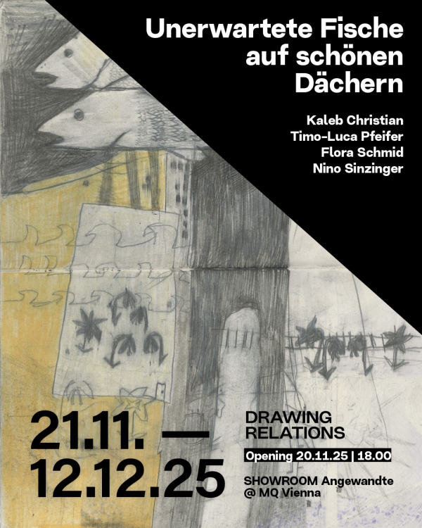 Ausstellungsplakat mit Zeichnung von Fischen und Informationen zur Ausstellung