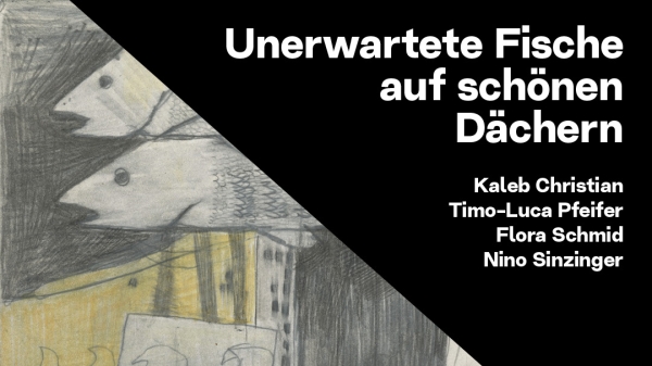 Ausstellungsplakat mit Zeichnung von Fischen und Informationen zur Ausstellung