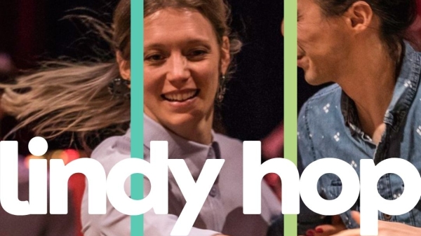Ein tanzendes Paar, Schriftzug Lindy
                                          Hop