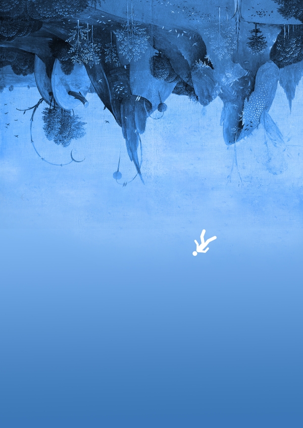 Ein umgekehrtes Bild einer schwarzen Landschaft vor blauem Hintergrund:
                                          Der Himmel ist unten, die Landschaft oben. Eine Figur fällt in den Himmel.