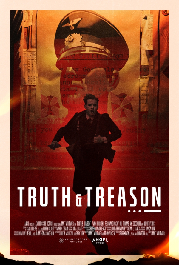 Filmplakat, ein Junge rennt. Im Hintergrund
                                          ist ein stilisierter Kopf eines SS Mannes zu sehen.