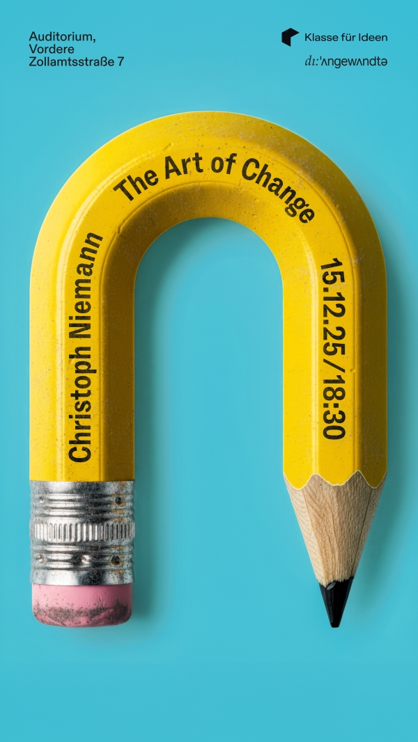 Das Veranstaltungsplakat Christoph Niemann The Art of Change zeigt einem
                                          gelben Stift auf blauem Hintergrund
