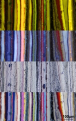 Photomicrograph of cross-section
                                          from sandwich of paint layers from the graffiti at the Danube Canal, Vienna (VIS X, VIS II, UV, Blue), © Institute of Conservation,
                                          University of Applied Arts Vienna